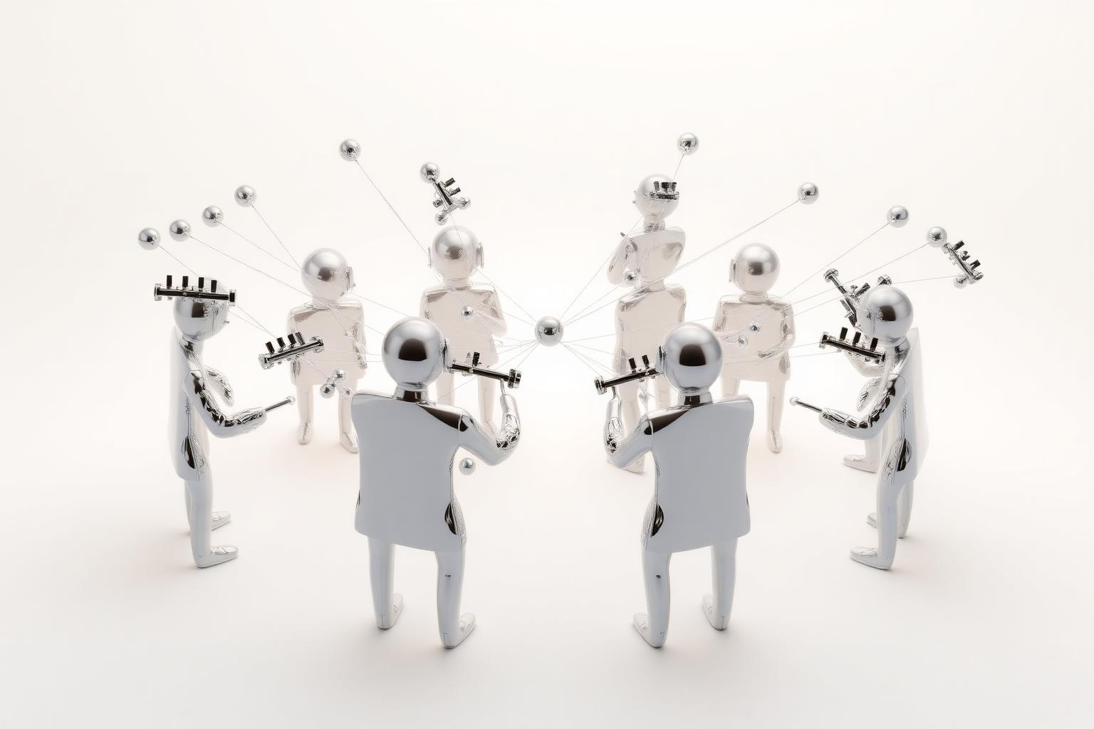 Orchestrated chrome agent forms connected by delicate filaments — an automated workflow constellation