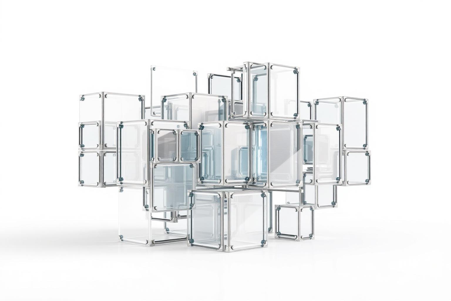 Modular translucent building-block forms assembling into a single sculptural whole